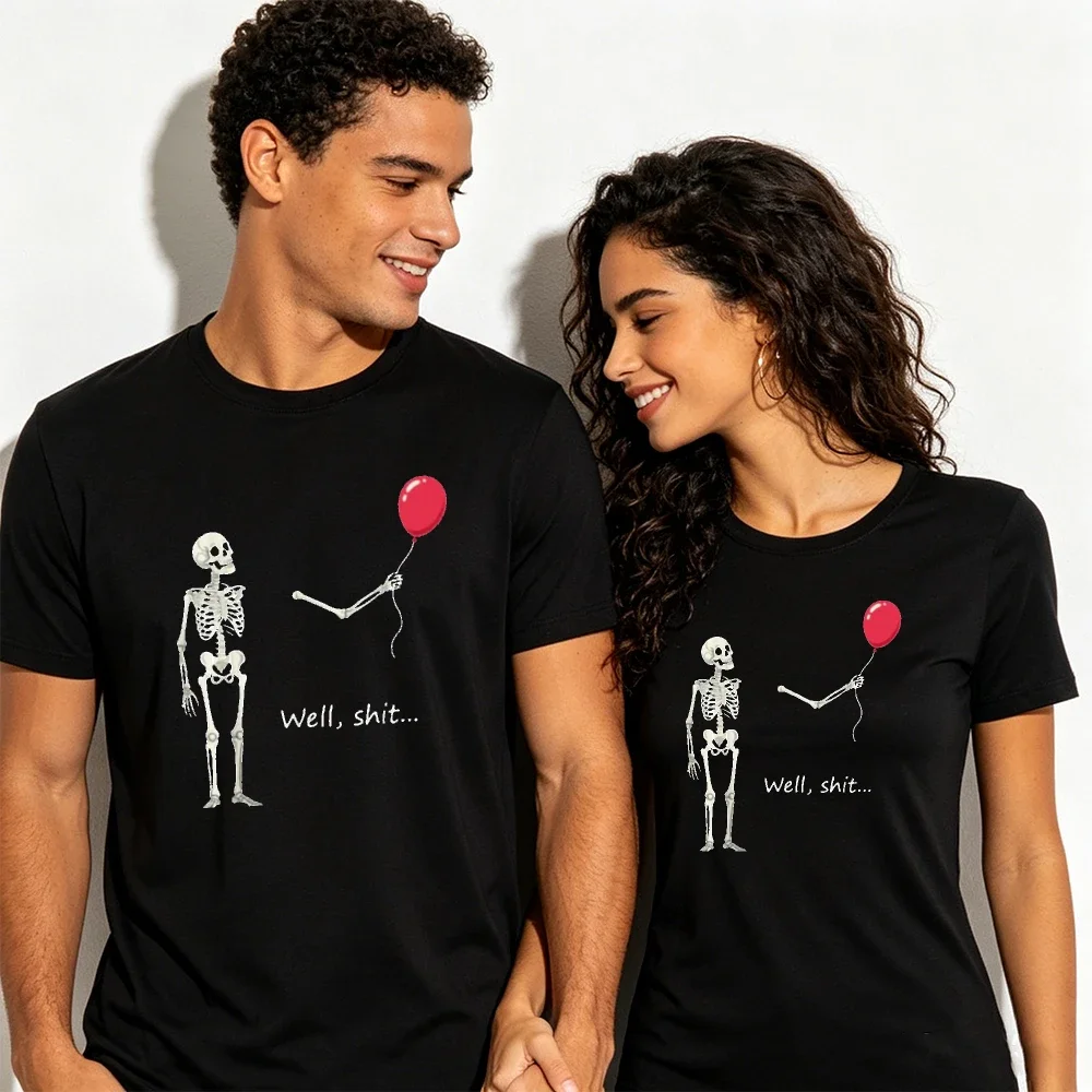 Well Shit Skeleton Balloon Print Women's T-shirt Spooky Humor Street Style Short Sleeve Unisex Tee Holiday Party Outfit for Guys