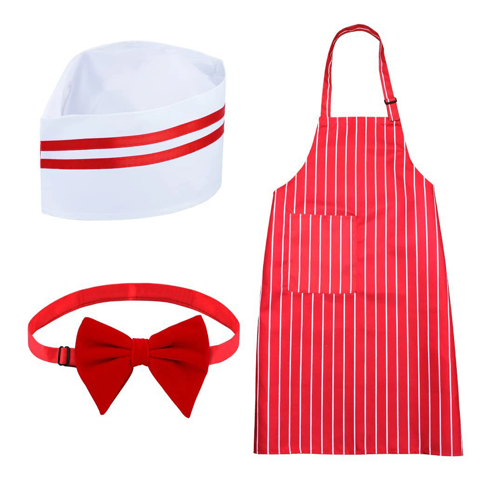 

Adult Carnival Waiter Costume Accessory Outfits Stripe Apron Hat + Bowtie Circus Set