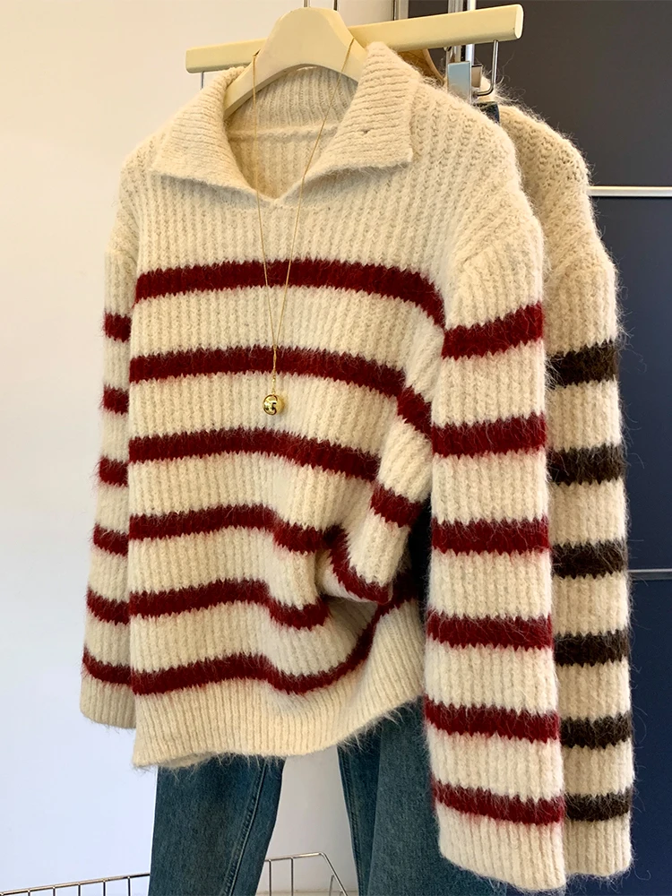 

Women's Red Striped Pullover Sweater Harajuku Y2k Long Sleeves Knitted Cashmere Sweaters Aesthetic Vintage 2000s Clothes Autumn