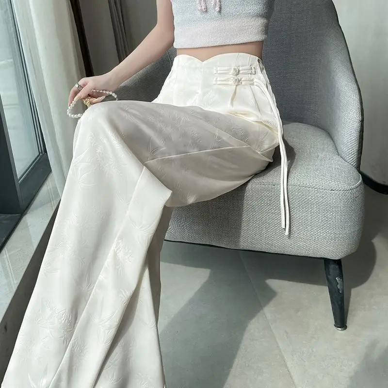 

Pink New Chinese Satin Jacquard Suit Pants for Women Spring/Summer 2024 New High Waist Loose Straight Button Wide Leg Pants