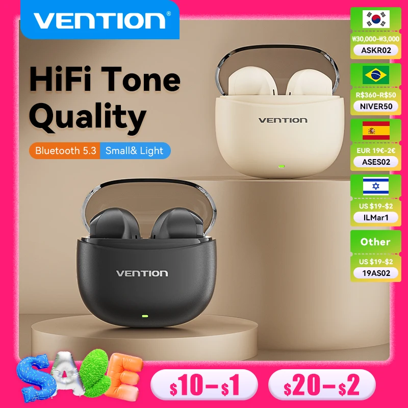 Vention Bluetooth 5.3 Wireless Earphones Headset TWS HiFi Stereo Sports with Mic Earbud Low Latency Headphones Touch Control