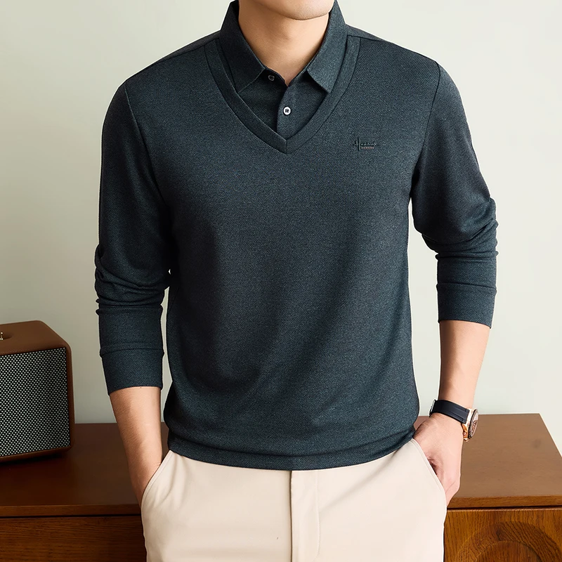Exquisite Men's Designer Advanced Lapel Polo Shirt Autumn Containing Cotton Warm Fake Two Piece Sleeve T-Shirt Casual Men's Wear