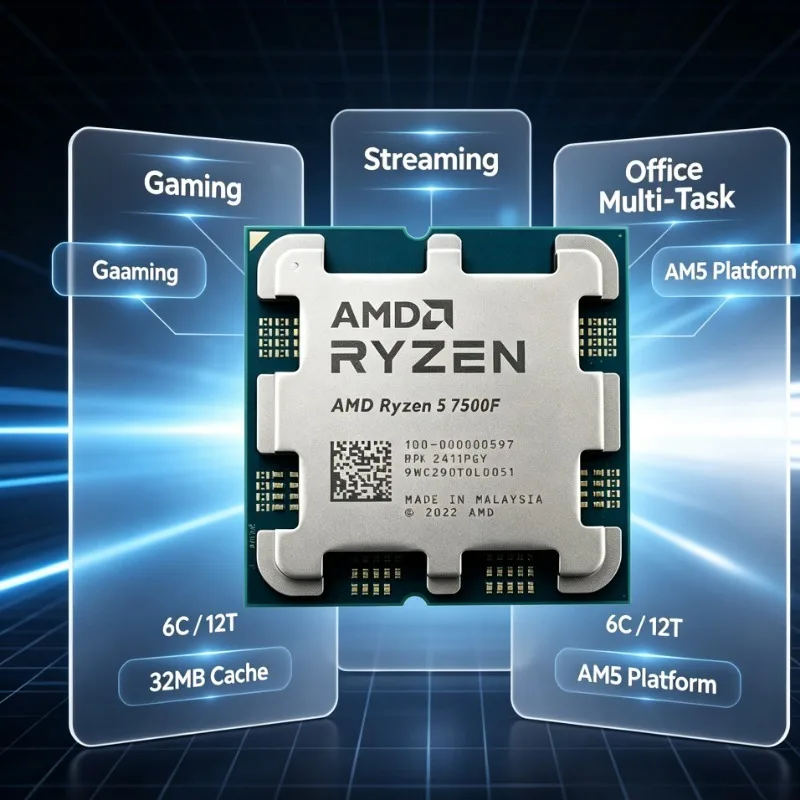 Processeur AM5 d'entrée de gamme Ryzen5 7500F 65W TDP avec GPU dédié uniquement, en tray, non neuf, pour renouvellement de serveur ancien