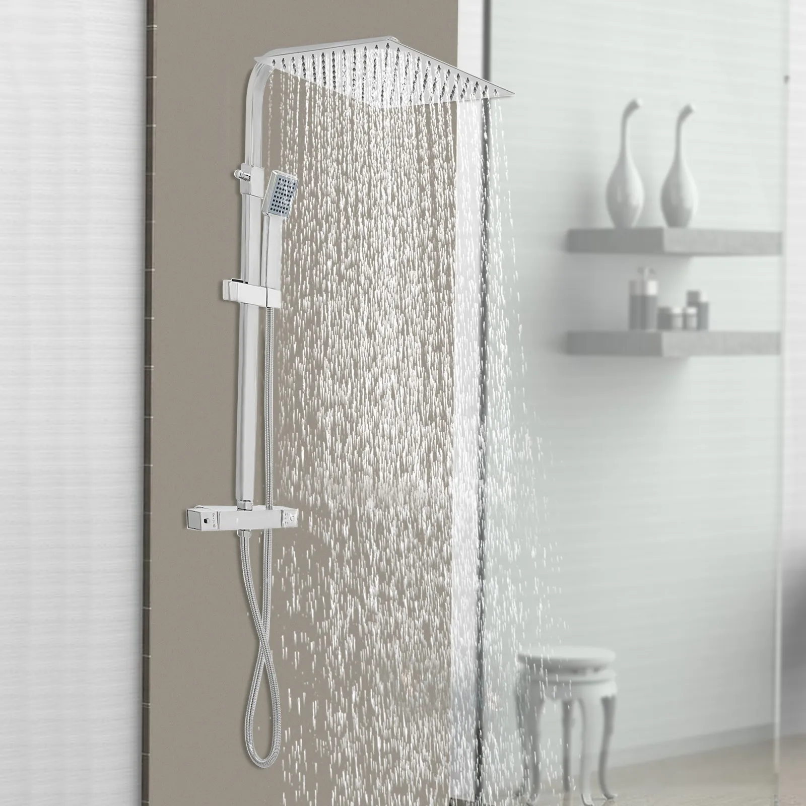 Sistema doccia, con termostato, Doccia a pioggia, Quadrato, 30 x 30 cm, Colonna doccia regolabile, da 820 a 1220 mm, Quadrato, Cromo