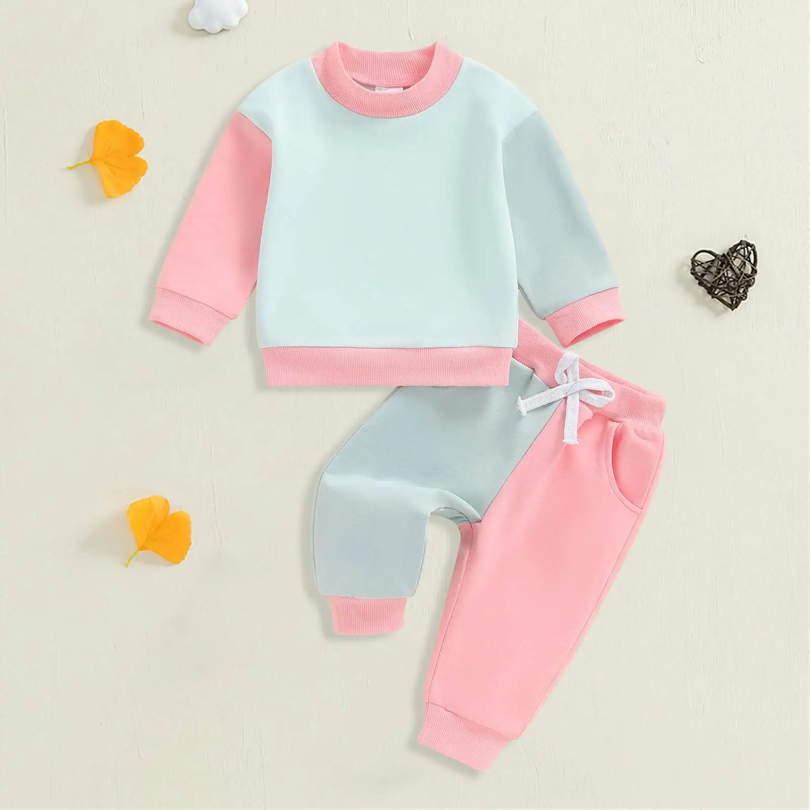 

Kids Casual Two Piece Set Round Neck Color Block Long Sleeve Top And Pants Casual Set Autumn Winter Soft Comfortable Outfit