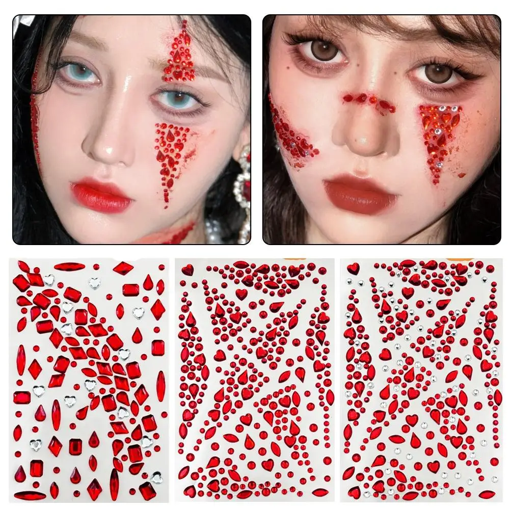 สติ๊กเกอร์ติดหน้าสีแดงสำหรับฮาโลวีน ประดับด้วยเพชรคุณภาพสูง สำหรับงานปาร์ตี้ฮาโลวีน เทศกาล แต่งหน้า ศิลปะบนร่างกาย คอสเพลย์ รุ่น D5F8