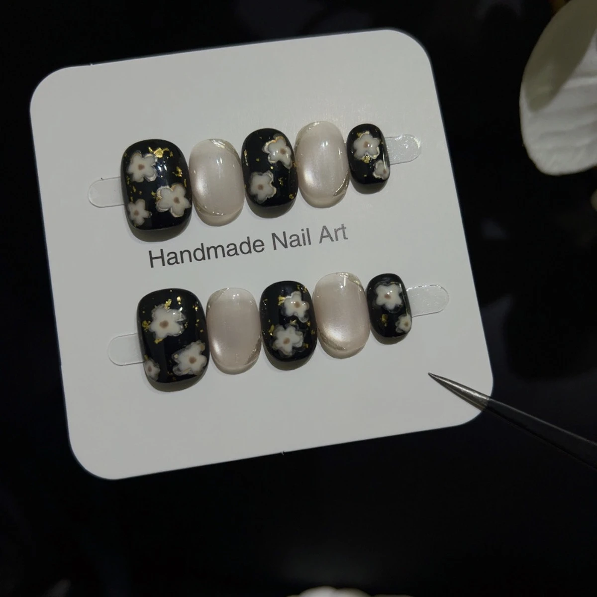

10PCS Luxury Handmade Bowknot Press on Nail Cream Brown Cat Eye with 3D Flower Fake Nails Short Square Round Wearable False Nail