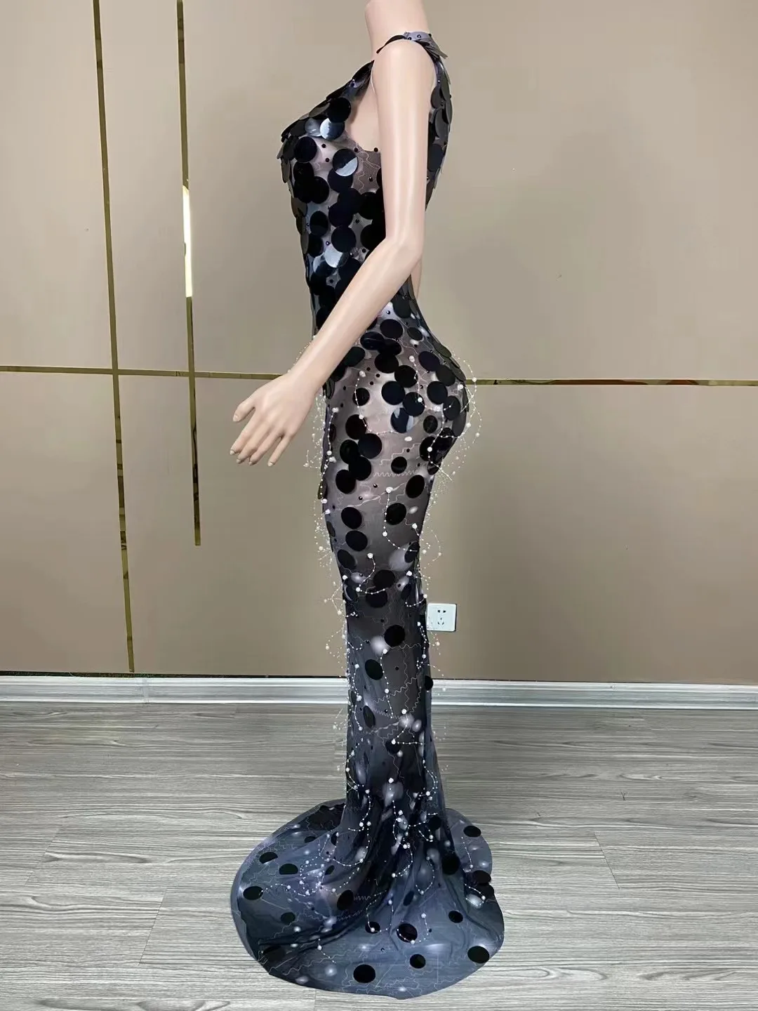 Sparkly Sleeveless Floor Length Round Sequins Dress Women Singer Birthday Evening Prom Outfit Red Photoshoot Dress