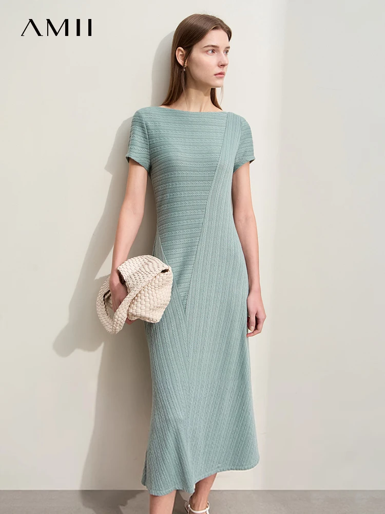 

Amii Minimalism 2024 Summer New Elegant Slash Neck Women Dress Slim Female Solid Knit Fashion Fishtail Dress For Women 12442112