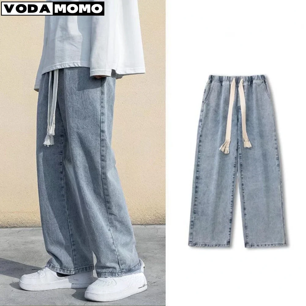 

2025Summer Thin Elastic Waist Jeans Men's Loose Straight Men's Light ColorinsFashion Brand High Street Long Pants men jeans