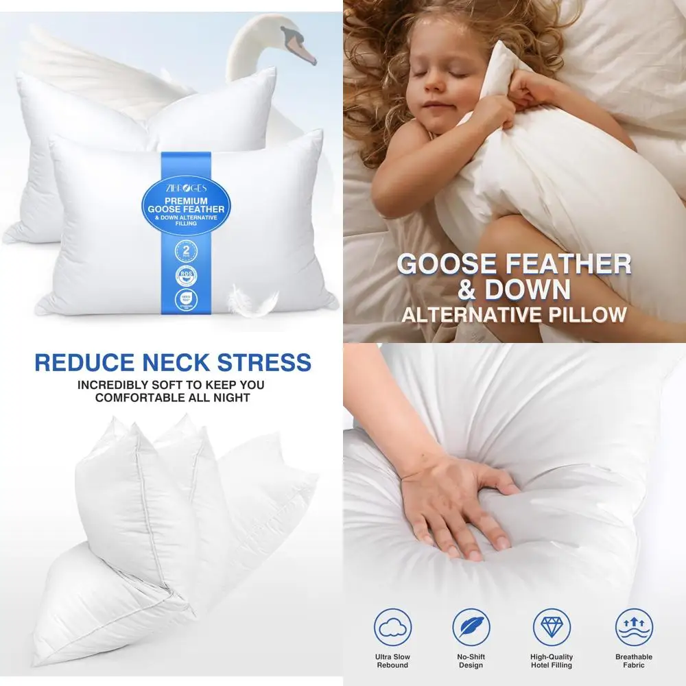 

King Size Goose Feather Pillows Set of 2 - Soft 600 Thread Count Cotton, Hotel Quality Down Pillows for Comfortable Sleep