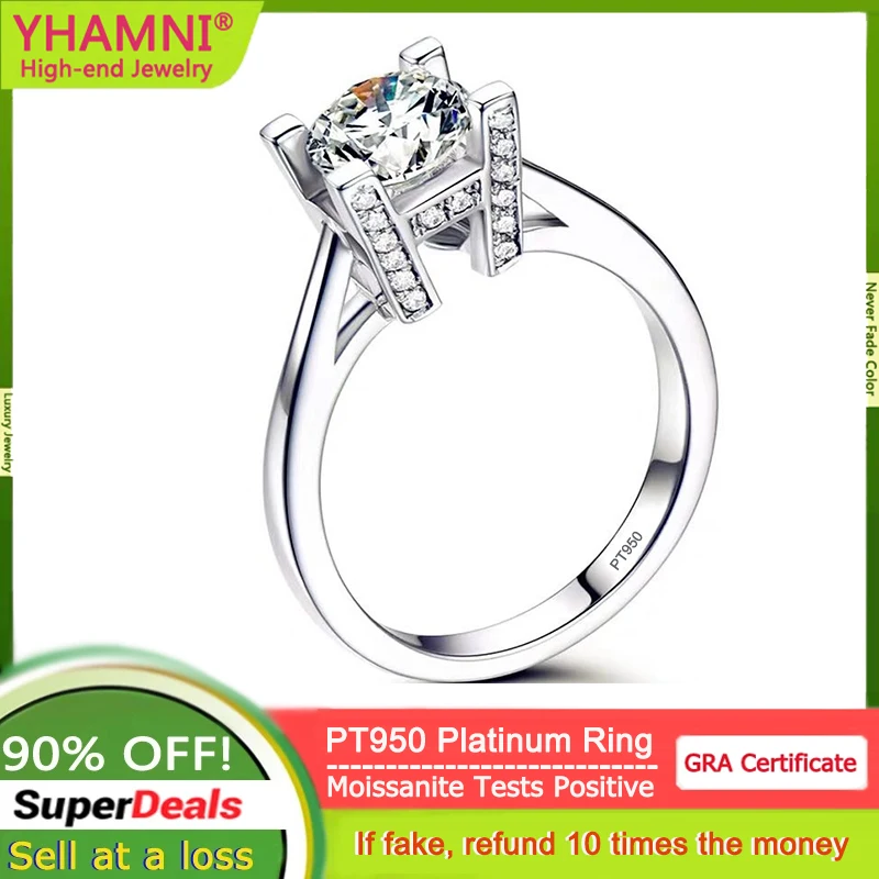 High Quality Real PT950 Platinum Ring Luxury Round 1CT VVS Diamond Moissanite Ring Anniversary Wedding Band Gift for Women