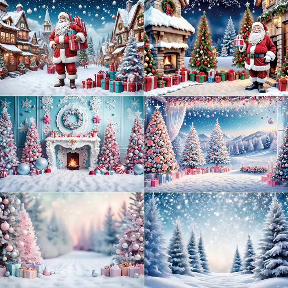 

MOON.QG 2025 Christmas Photography Backdrop Xmas New Year Decoration Background Trees Wreath Fireplace Gifts Winter Back Drop