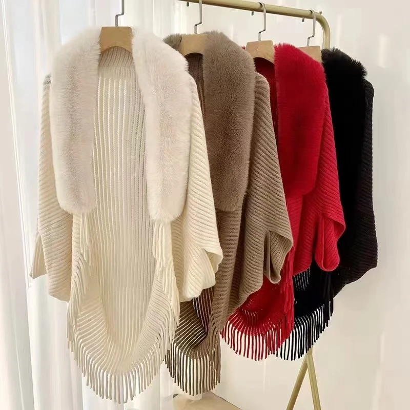 Women Winter Knitted Shawl With Faux Fur Collar With Tassel Female Elegant Poncho Long Warm Wraps Cloak Cape Tops