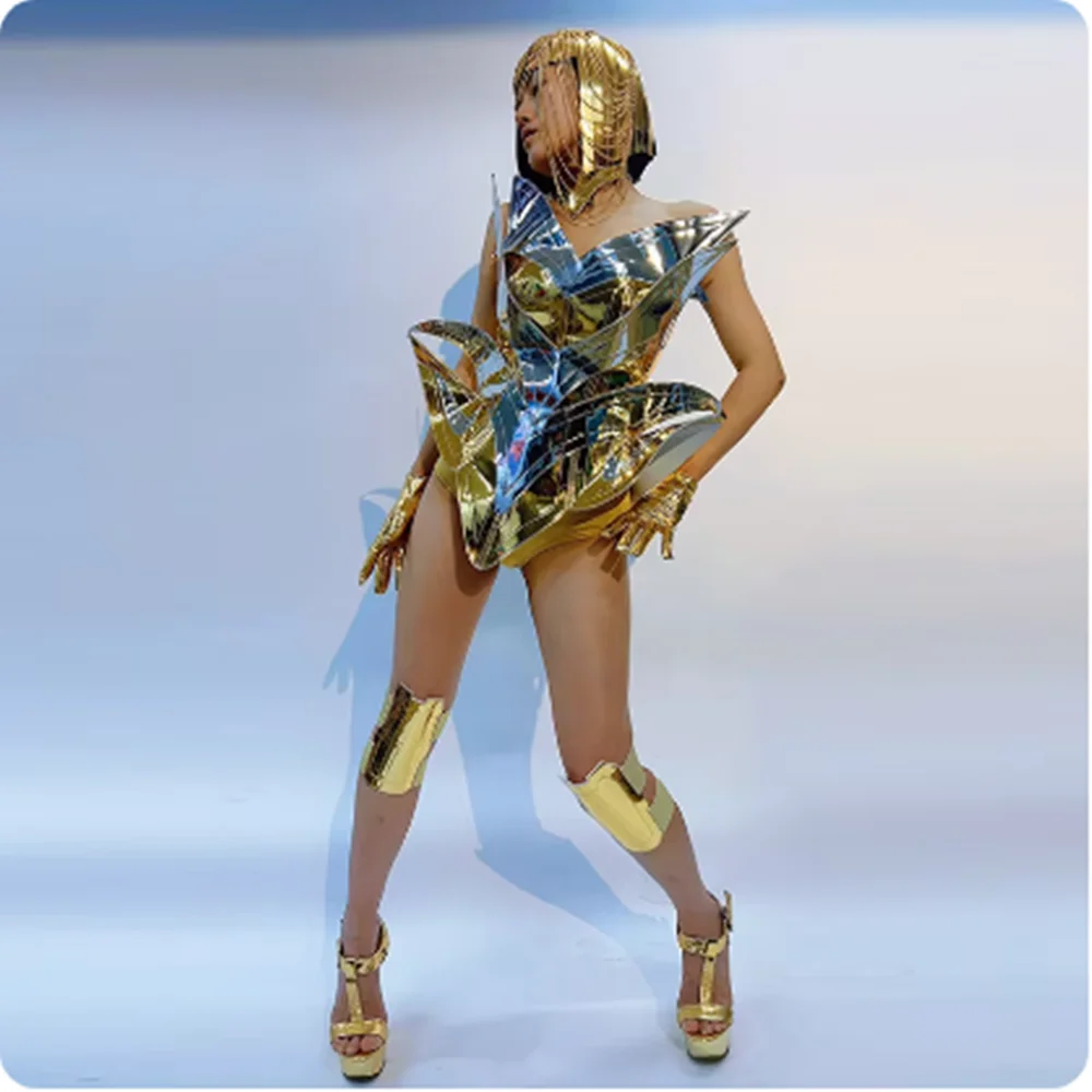 Strój Drag Queen Future Sense Złoto-Srebrna Zbroja Lustrzany Kostium Sceniczny Sexy Ubrania do Tańca Gogo Impreza Pokaz Rave Dancewear yj876