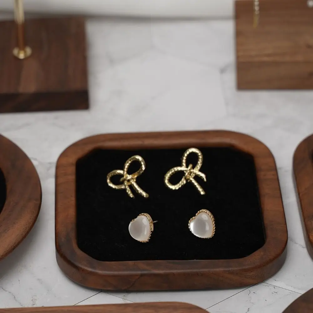Geometry Wood Rings Tray Velvet Ear Studs Case Earrings Display Tray Jewlery Organizer Exquisite Ring Earring Holder Home