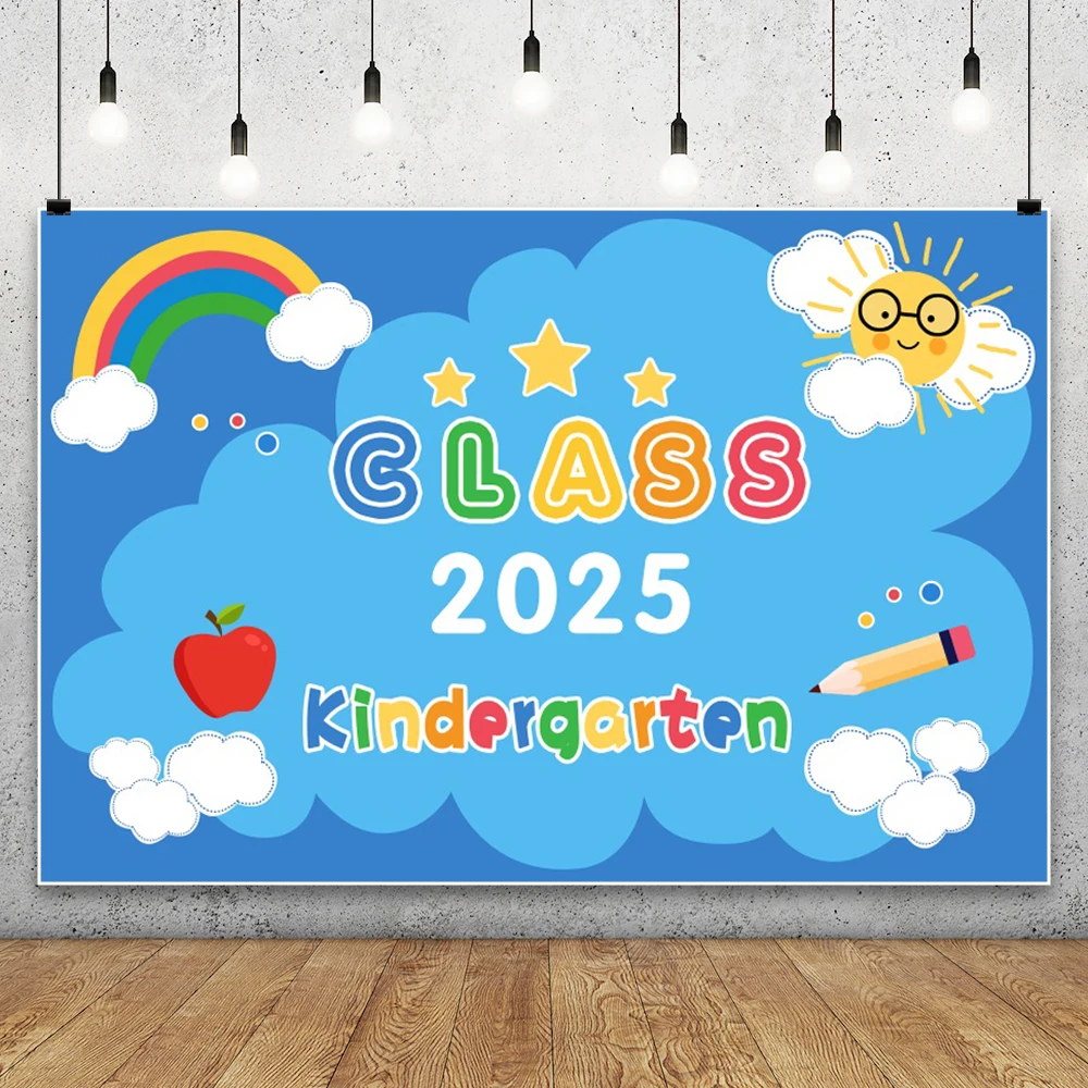 

Back to School Photography Background Kindergarten First Day of School Pencil Children Birthday Crayon Sun Clouds Blue Backdrop