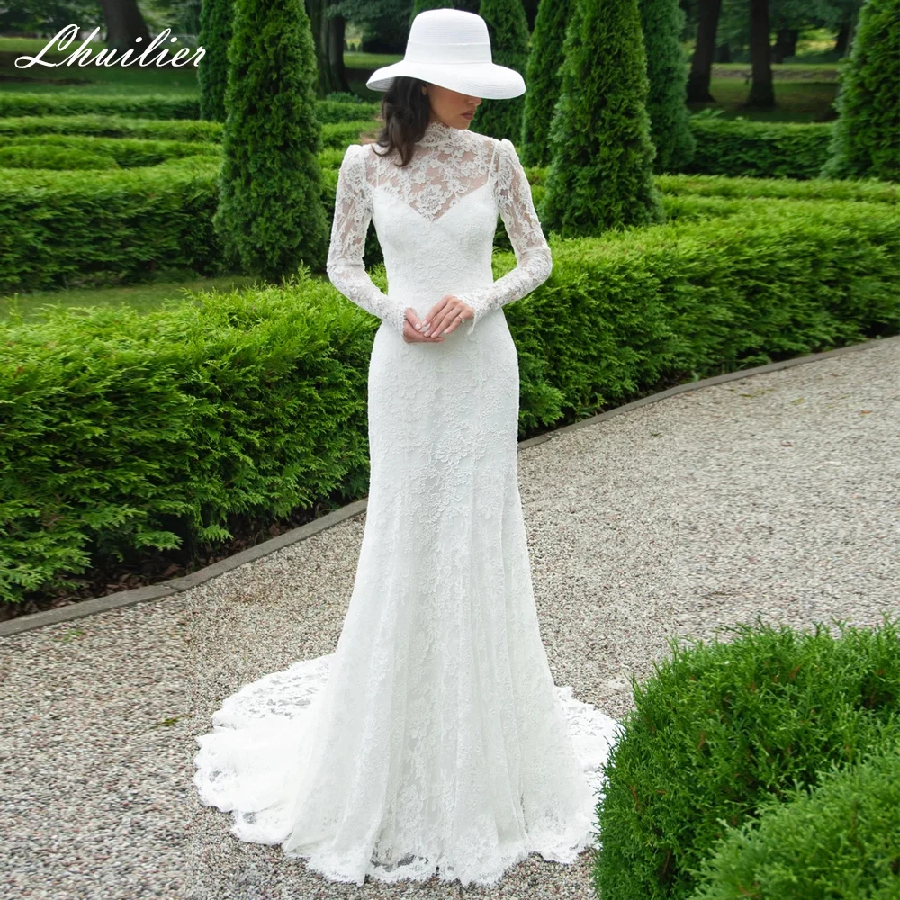 

Lhuilier Customized High Neck Mermaid Lace Wedding Dresses Full Sleeves Illusion Bridal Gowns with Court Train
