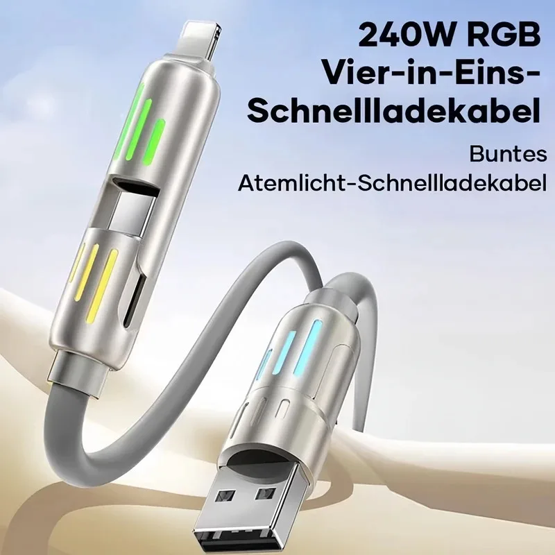 

4-in-1 240W USB Type C Silicone Fast Charging Cable, For iPhone Huawei Samsung Xiaomi Durable