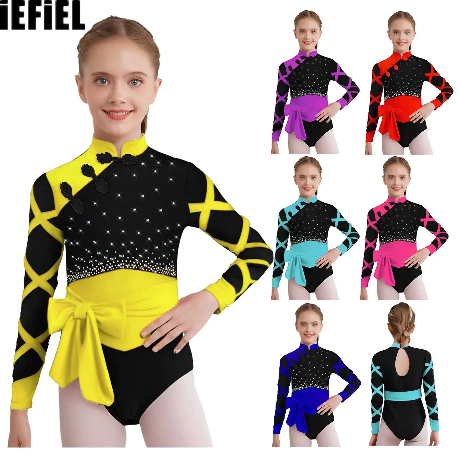 ชุดรัดรูปเต้นรำสำหรับเด็กผู้หญิง พร้อมเข็มขัด กระดุมผูกแบบจีน คอจีน แขนยาว ประดับคริสตัล ตัดสี