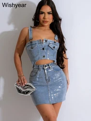 Sexy Spaghetti Strips Hot stamping Removable Denim Dress Women Summer Sexy Sleeveless Streetwear Wrap Hip Strap Mini Dresses New