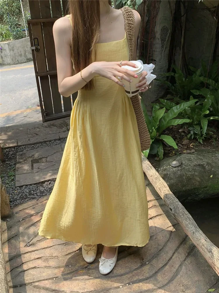 Fashion Summer Holiday Yellow Long Strap Dress Women New Boho Style Backless Beach Dress Seaside Fairy Slim A-line Photo Dress