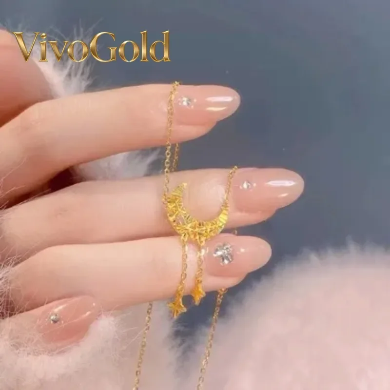 VivoGoldLuxury Women's 9999 24K Real Gold Shining Moon Necklace Star River Chain Fashion Clamps Bone Chain Pendant