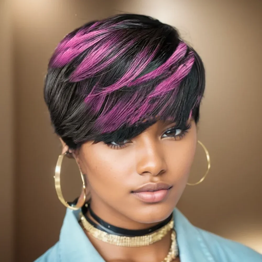

Черный, фиолетовый, вьющийся, машинное производство, цвет парика пикси для женщин, парик для повседневного использования, парик с стрижкой пикси, короткий парик из человеческих волос