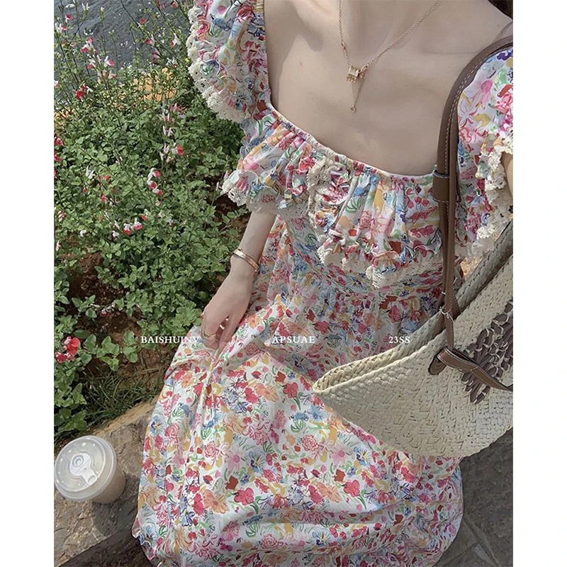 MEXZT Vintage Floral Midi Dress Women Sweet Print Square Collar A Line Dresses Summer Elegant Vacation Flying Sleeve Vestidos