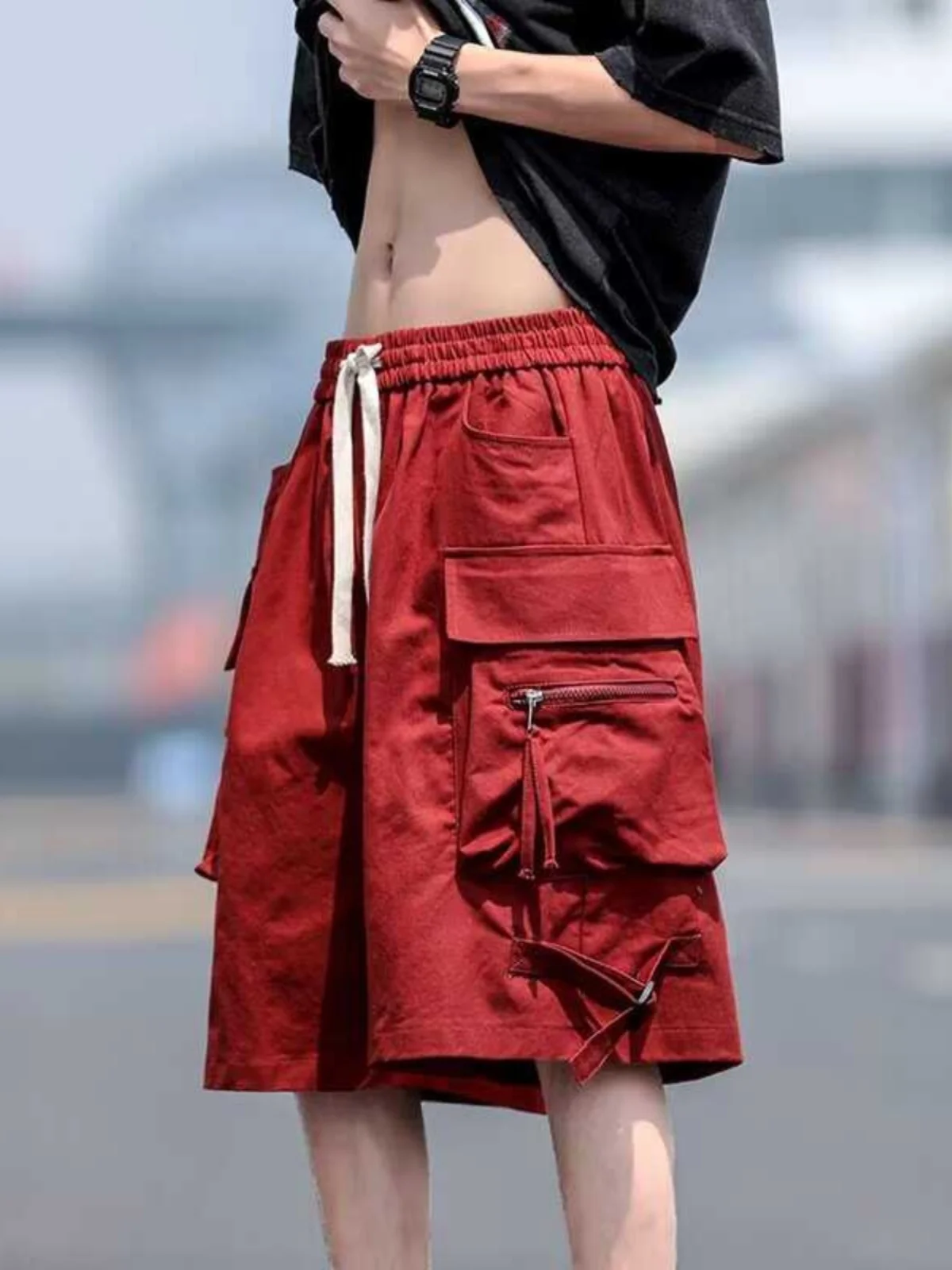 

Japanese Sle Men's Workwear orts Summer 2025 Trendy Streetwear Loose Multi-ket Casual Five-Quarter Pants
