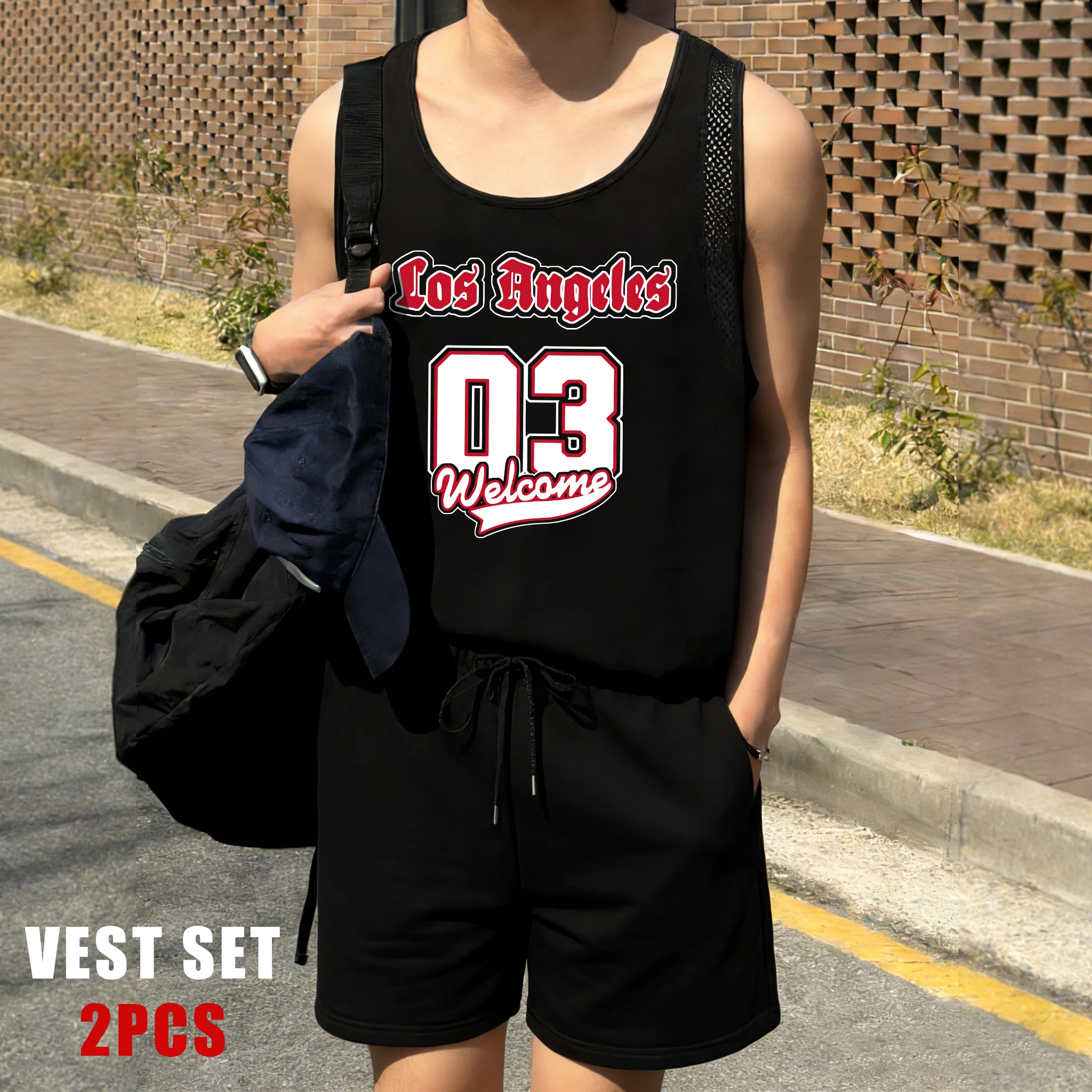 

Welcome To Los Angeles Number 03Men Reticular Vest Set Summer Drawstring Shorts Fashion Sleeveless Tee Unisex Basics Sport Vests