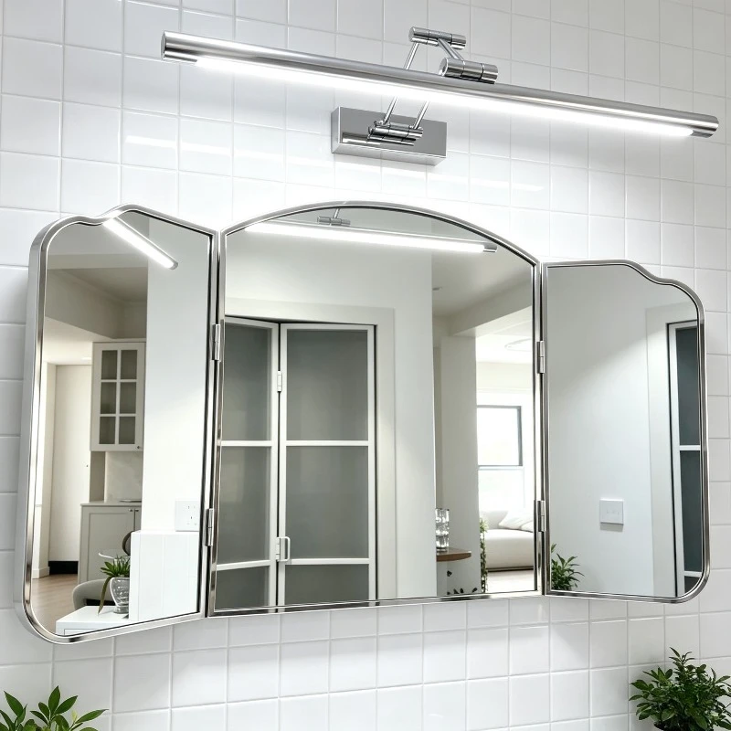 Tri‑Fold Makeup Mirror Multi Angle Wall Mirrors Stainless Steel Framed Arched Shaving Shower Mirror Folding Bathroom Mirrors