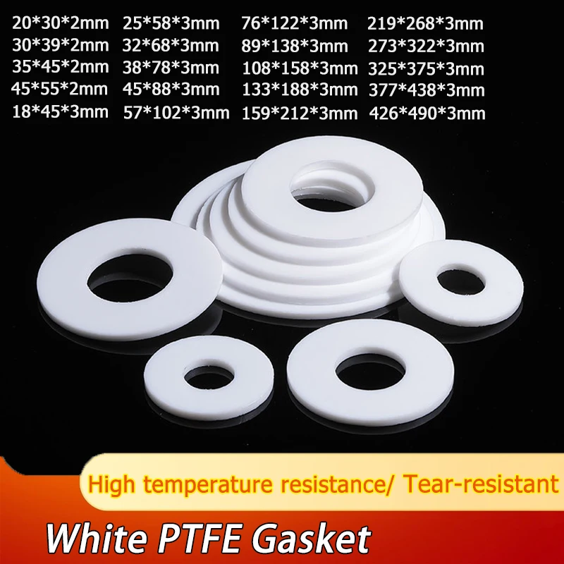 

Thickness:2mm 3mm OD:30~490mm ID:20~426mm White PTFE Flat Washer Gasket Sealing O-ring Flat Gasket High Temperature Resistance