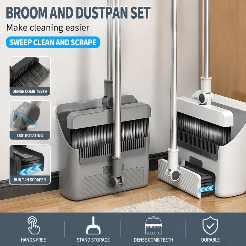 3-in-1 Foldable Broom Dustpan Set Standing Floor Scrub Brush Squeegee Sweeper with Comb Teeth for Home Kitchen Office Cleaning
