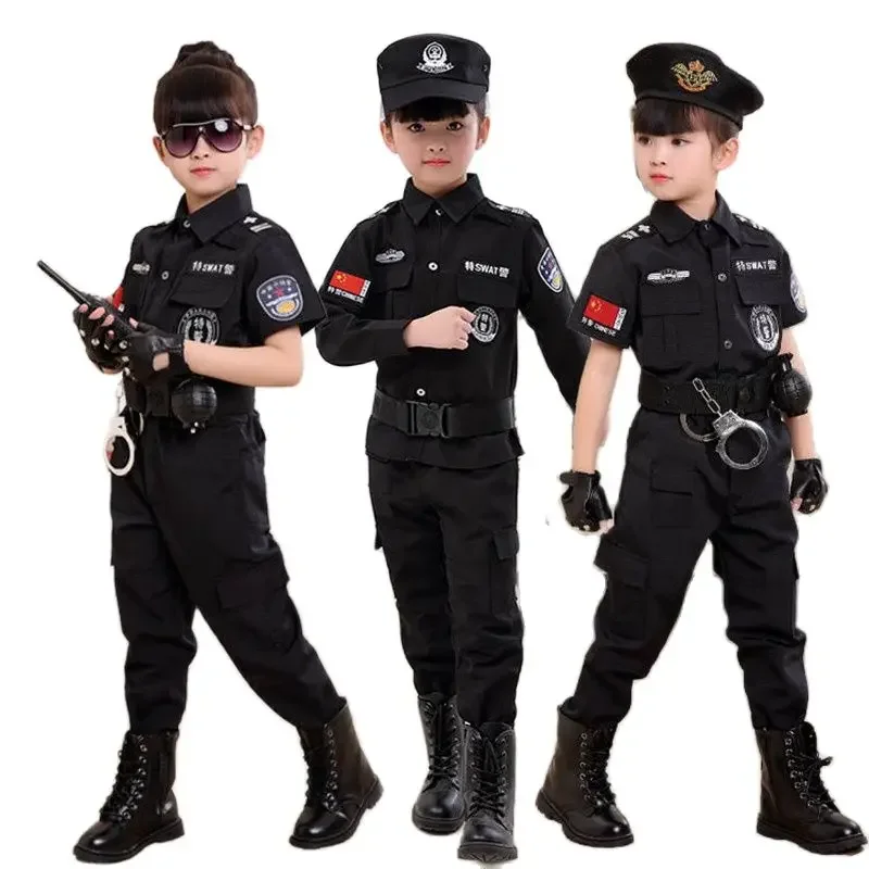 Kids Policemen Cosplay Costumes Boy Cop Army Police Uniform Top Pants Hat Clothing Fighting Performance Military Training Attire