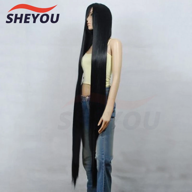 Peruca longa lisa cosplay + touca de peruca, 80cm 100cm 120cm 150cm, preto, resistente ao calor, traje de fantasia + peruca