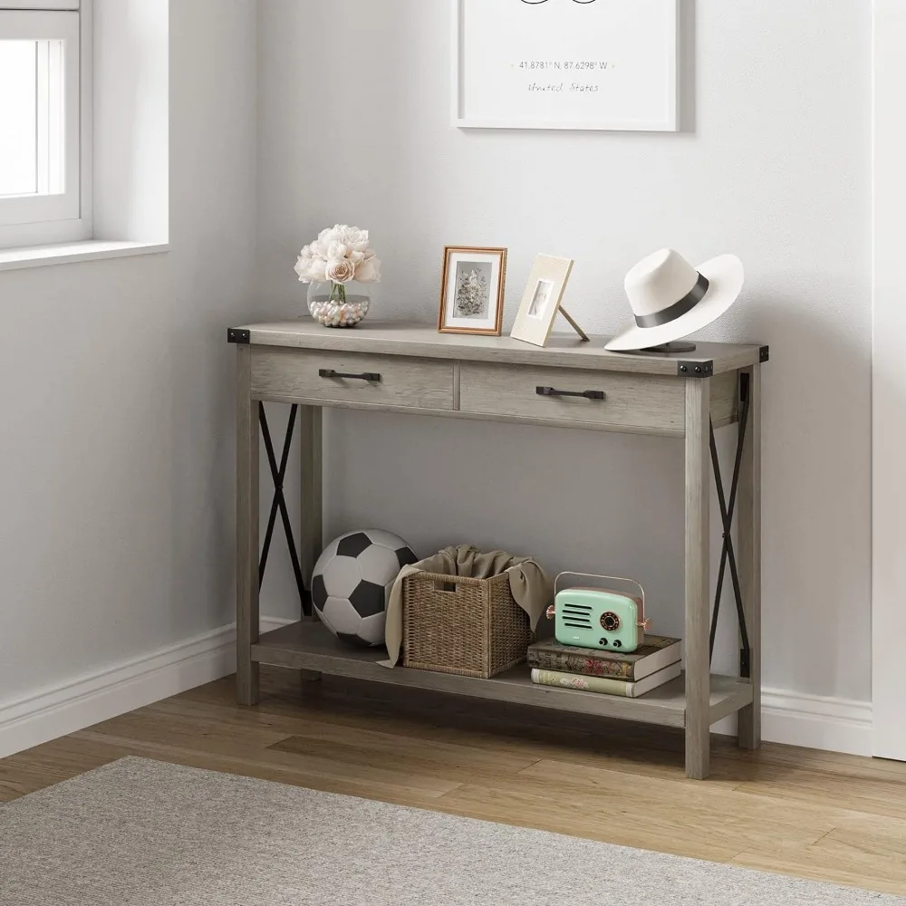 Sofa table, farmhouse console table with drawers, living room wooden sofa table, entrance hall, grey