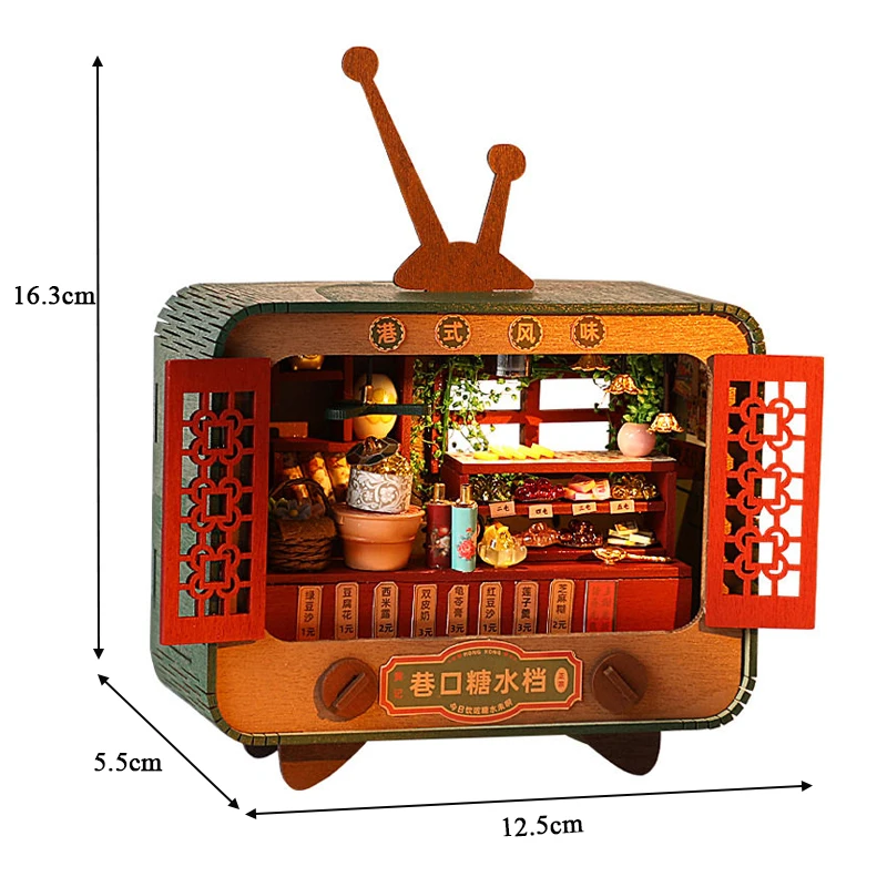 DIY 3D Holzpuzzle Mini-TV-Laden Chinesischer Getränkeladen Miniatur-Modellbausatz Montage-Puzzle für Freunde Geburtstagsgeschenke