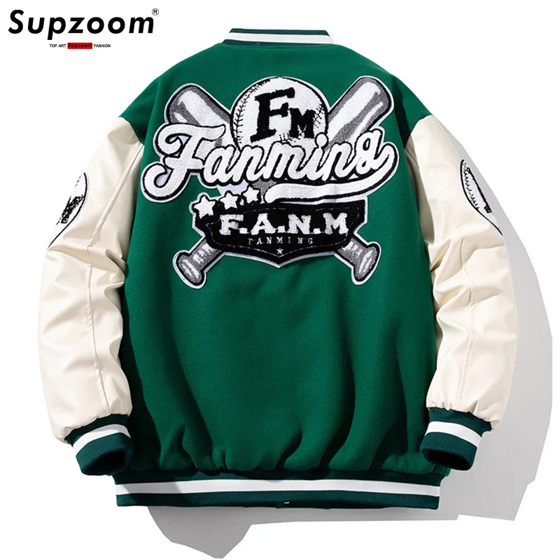 Supzoom New Arrival Top Fashion Loose Teenagers Preppy Style Rib Sleeve Short High Street Towel Embroidery Baseball Jacket Men