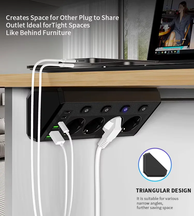 Eu Desktop Corner Power Strip Multi Plug Outlet With Independent Switch Control Extension Cord For Home Office