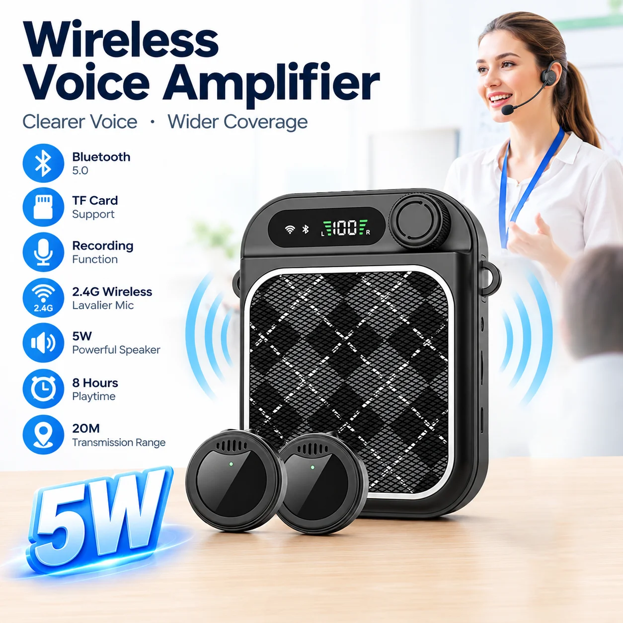 5wの音声増幅器。ワイヤレスラベリアマイク2本付き。教師、会議、ガイドなどに最適な、持ち運び可能な充電式拡声器。