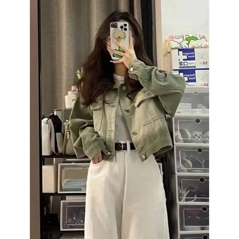 

Retro Tea Green Gradient Soft Denim Jacket Women's Short Style Autumn New Fashion Spicy Girl Atmosphere Cotton Full Sleeve