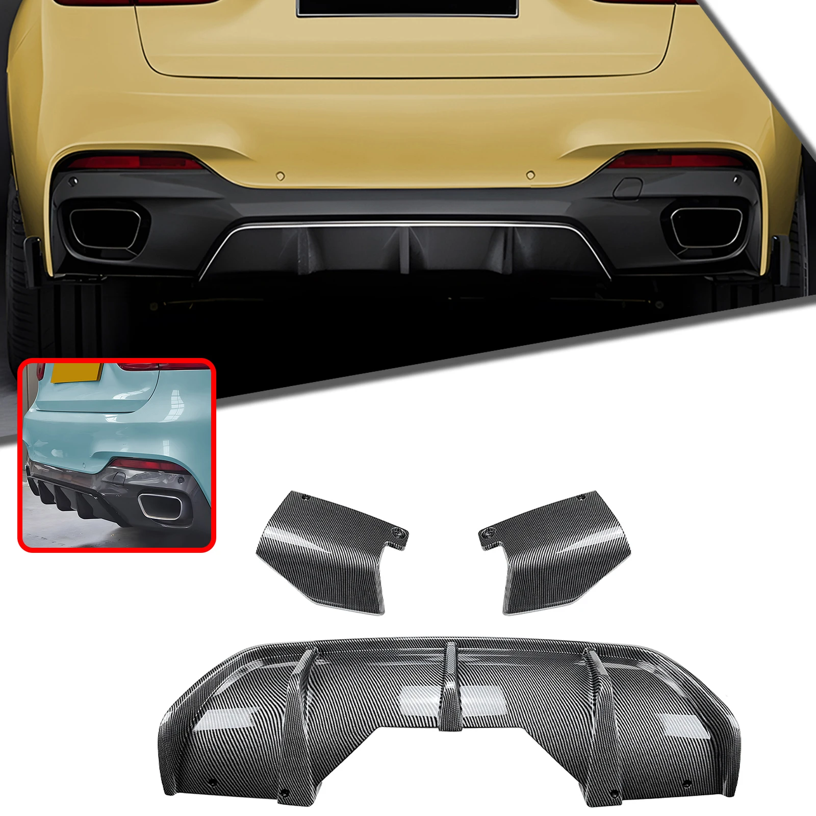 Carbon Fiber Look/Gloss Black Boot Side Spoiler Corner Cover Splitter +Rear Bumper Diffuser Lip For BMW X6 F16 M Sport 2014-2019