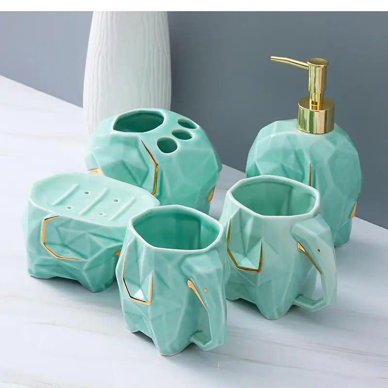 Bathroom Accessories Set Cute Elephant Toothbrush Holder Soap Dispenser Toothpaste Cup Box Ceramics