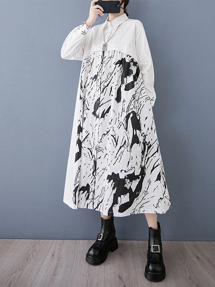 NYFS 2025 فستان نسائي ربيع الخريف فضفاض حجم كبير طباعة المرقعة فساتين طويلة رداء Elbise كم طويل نمط غير رسمي