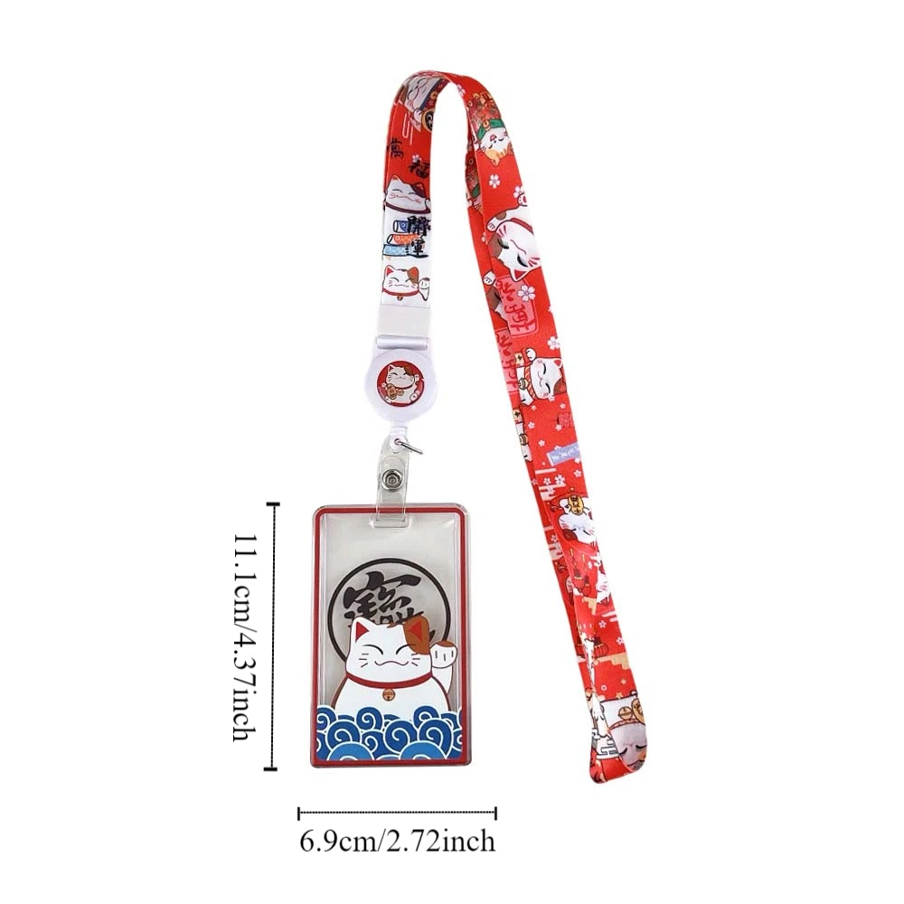 Portatarjetas Maneki Neko de cuerda larga, estuche para tarjetas de dibujos animados Maneki Neko, funda para tarjetas de gato de la suerte para estudiantes, colgante con hebilla retráctil