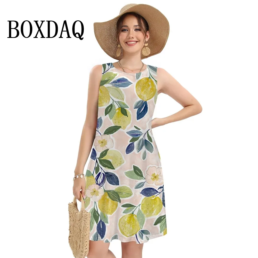 Women Summer Dress Refreshing Fruit Lemon Print Sleeveless Tank Dresses S-3XL Plus Size Knee-Length Beach Short Dresses Casual