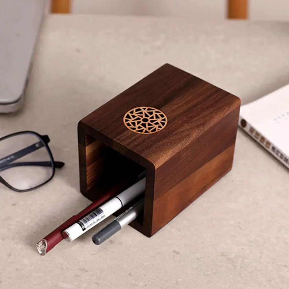 

Multiple Use Wooden Pen Holder Vintage Black Walnut Marker Pen Storage Cup Square Shape Durable Wooden Pencil Box