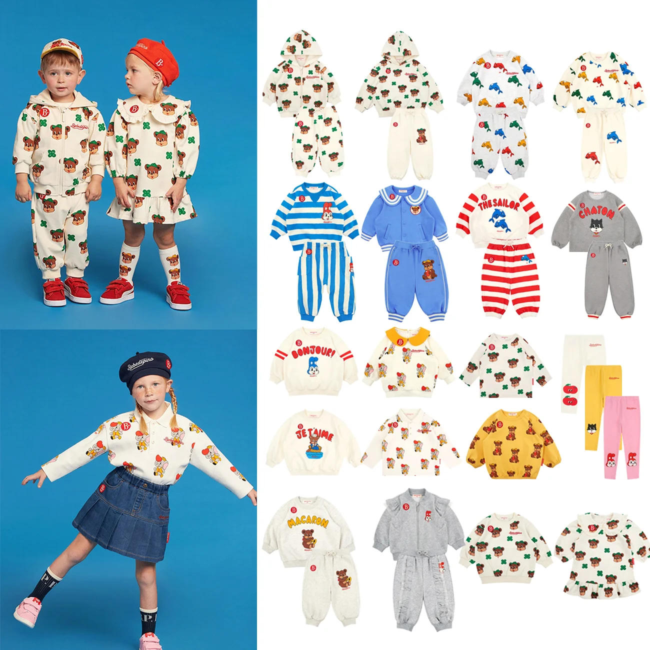 Korean BP Kids Sets Colorful Cartoon Cat Bear Rabbit Bunny Dolphin Jackets Boys Girls Daily Suit Cotton Spring Children Outfit