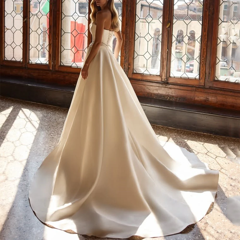 Gorgeous High Quality Wedding Dress Strapless A-Line Floor Length with Pearls Bride Satin Sweep Train Lace Up Customized Gown
